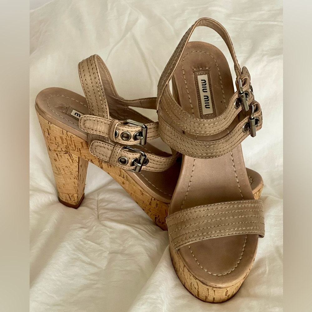 miu miu Platform Sandal Double Ankle Leather Buckle Cork Block Heel